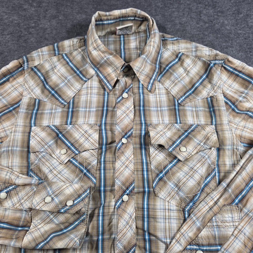 True Religion Shirt Mens Medium Beige Plaid Western Pearl Snap Long Sleeve
